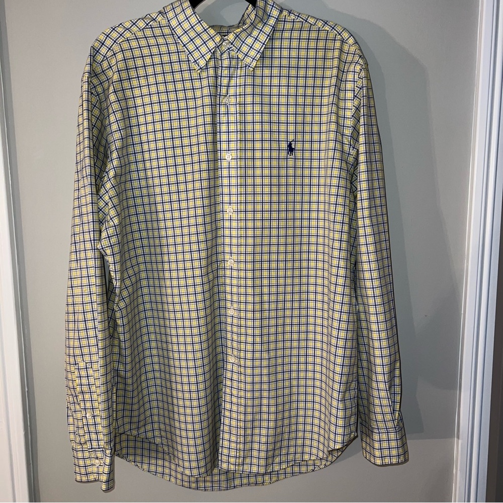 Ralph Lauren Blue and Yellow Checkered Button Down Shirt. Size Large.